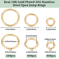304ステンレススチールオープン丸カン  ラウンド  DIYジュエリー製作用  18KGP本金メッキ  4~8x0.8mm  20ゲージ  内径：2.4~6.4mm  1000個/セット&nbsp;STAS-BBC0008-82G