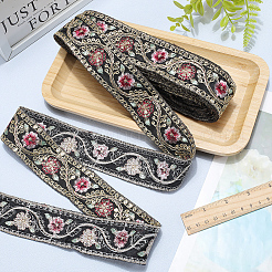 ポリエステル刺繍スパンコールリボン  洋服アクセサリー  ブラック  1-5/8インチ（41mm）&nbsp;OCOR-WH20003-37C