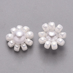 ガラスシードビーズチャーム  ABSプラスチックイミテーションパールとゴールデントーンの真鍮のパーツ  花  ホワイト  10x5mm&nbsp;FIND-R086-05J