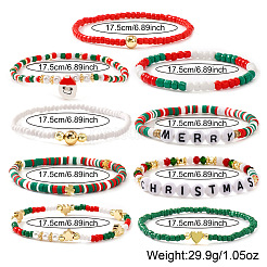 クリスマスアクリル＆ポリマークレイ＆ガラスビーズストレッチブレスレット9個  女性用真鍮チャームジュエリー  ミックスカラー  6.89インチ（17.5cm）&nbsp;QX4351-7