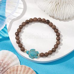 夏のビーチタートル染めの合成ターコイズと6.5mmの丸型ウェンジウッドビーズのストレッチブレスレット（女性用）  ターコイズ  内径：1-7/8インチ（4.9cm）&nbsp;BJEW-JB10515-01