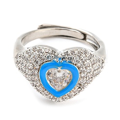 Enamel Heart Adjustable Ring with Clear Cubic Zirconia&nbsp;RJEW-Q781-01P-02