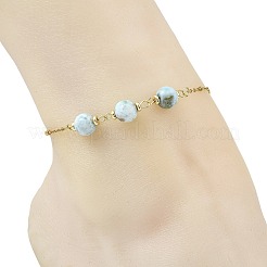 Round Natural Larimar Beads 304 Stainless Steel Satellite Chain Anklets for Women&nbsp;AJEW-AN00877
