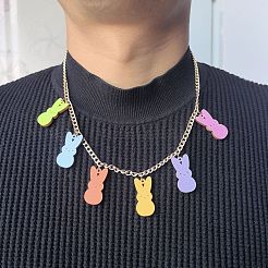 イースターラビットの木製ペンダントビブネックレス（合金チェーン付き）  ゴールドカラー  カラフル  19.69インチ（50cm）&nbsp;FS-WG2FC95-01