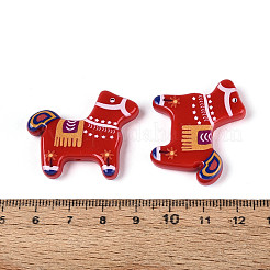 印刷された不透明樹脂ビーズ  花柄の馬  クリムゾン  28.5x34x6mm  穴：1.4~1.5mm&nbsp;RESI-N043-07B