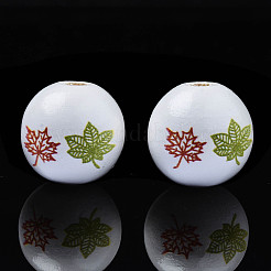 ハロウィンプリント天然木ビーズ  葉っぱ  オリーブドラブ  15.5x14.5mm  穴：4mm&nbsp;WOOD-S057-088