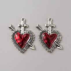 合金エナメルチャーム  ゴシックスタイルのハートとクロス＆アローチャーム  アンティークシルバー  39x32x4mm  穴：2mm&nbsp;LS-FIND-WH0156-43A