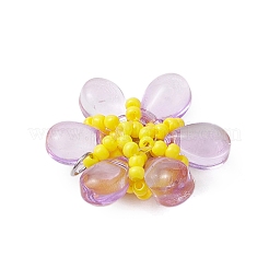 ビーズの花のチャーム  ラインストーンとガラスのシードビーズペンダント  丸カン付き  プラム  21.5x23x8mm  穴：3mm&nbsp;PALLOY-MZ00438-02