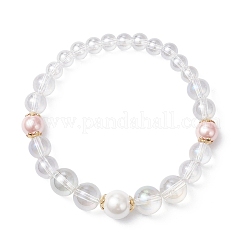 女性用ガラス＆シェルパールビーズストレッチブレスレット  透明  ビーズ：6~10mm  内径：2-3/8インチ（6.05cm）&nbsp;BJEW-JB12693-02