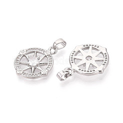 真鍮マイクロパヴェクリアキュービックジルコニアペンダント  コンパスチャーム  プラチナ  20x17x3mm  穴：4.5x2.5mm&nbsp;KK-N259-06P