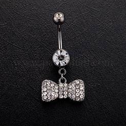 Piercing Jewelry Real Platinum Plated Brass Rhinestone Bowknot Navel Ring Belly Rings&nbsp;AJEW-EE0001-79A
