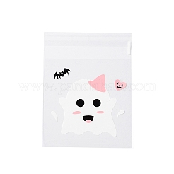 ハロウィンテーマのプラスチック耐熱皿バッグ  粘着式  チョコレート用  キャンディ  クッキー  正方形  ゴースト  130x100x0.05mm  内径：100x100mm  100個/袋&nbsp;ABAG-F007-03D