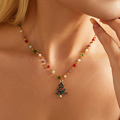 Christmas Alloy & Brass Red and Green Enamel Pendant Colorful Resin Beaded Necklaces for Women&nbsp;FS-WGF8F07-06
