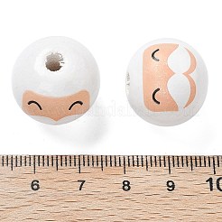 クリスマスプリントのシマウッドヨーロピアンビーズ  ラウンド  サンタクロース  ホワイト  19x17.5mm  穴：5mm&nbsp;WOOD-G023-17A