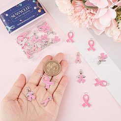 30個 3スタイル 10月 乳がん ピンク啓発リボン 合金エナメルペンダント  ラインストーン付き  ミックスカラー  19~25x8~15x1~2mm  穴：1.5~2mm  10個/スタイル&nbsp;ENAM-SC0003-32