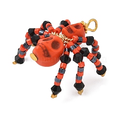 ハロウィーンをテーマにした染色された合成ターコイズとガラスシードビーズペンダント  スカルスパイダーチャーム  レッドオレンジ  32x32x18mm  穴：3x2.5mm&nbsp;PALLOY-MZ00774-04