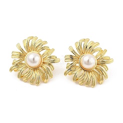 Brass ABS Plastic Imitation Pearl Flower Stud Earrings&nbsp;EJEW-S258-01G