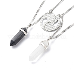 2Pcs 2 Style Natural Quartz Crystal & Black Obsidian Bullet Pendant Necklaces Set&nbsp;NJEW-JN03994-02