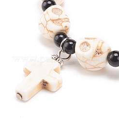 Natural Mashan Jade Skull Beaded Stretch Bracelet with Synthetic Turquoise(Dyed) Cross Charm&nbsp;BJEW-JB08378-01