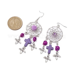 Woven Web/Net with Cross & Skull Synthetic Turquoise Dangle Earrings&nbsp;EJEW-JE05865-02