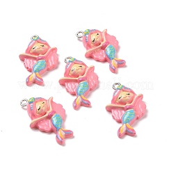 不透明樹脂ペンダント  プラチナトーンの鉄ループ付き  人魚のチャーム  ピンク  28x17.5x7mm  穴：2mm&nbsp;RESI-J023-11C