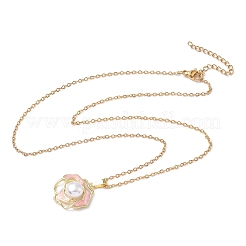 Brass Enamel Pink Flower Pendant 304 Stainless Steel Chain Necklaces for Women&nbsp;NJEW-D341-04G
