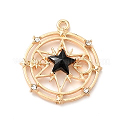 カット加工ガラスペンダント  ライトゴールドメッキ合金パーツ  スターとフラットラウンド  ブラック  29.5x26x5mm  穴：1.6mm&nbsp;FIND-G028-01A-KCG