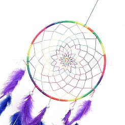Chakra Theme Iron Woven Web/Net with Feather Pendant Decorations&nbsp;LS-AJEW-B016-03