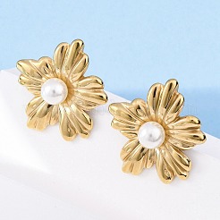 304ステンレススチールスタッドピアス  プラスチック模造パールと  花  PVD真空メッキ  長持ちメッキ  ゴールドカラー  25x22.5mm&nbsp;EJEW-B108-12G