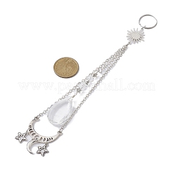 月と太陽と星の合金と真鍮のガラスのティアドロップ吊り下げペンダント装飾  パーティーウィンドウ用のサンキャッチャー  壁のディスプレイ装飾  プラチナ  218mm&nbsp;HJEW-JM01302