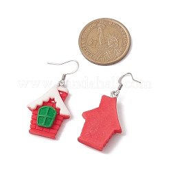 クリスマス 樹脂 ダングル イヤリング  304ステンレススチールピアスフック付き  ハウス  レッド  ステンレス鋼色  49x21.5mm&nbsp;EJEW-JE06088