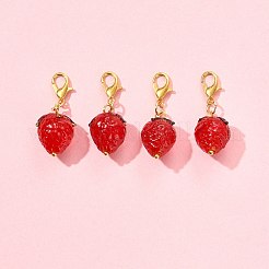 手作りのランプワークのイチゴペンダント装飾4個  合金製カニカン付き  レッド  30.4mm&nbsp;HJEW-FS00041-04