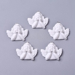 樹脂チャーム  プラチナメッキされた鉄のネジアイピンペグベイル付き  天使  ホワイト  30.5x32.5x9.5mm  穴：1.5mm&nbsp;RESI-CJC0001-07