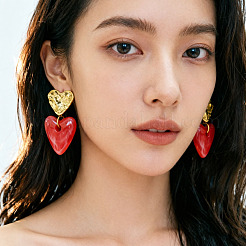 304ステンレススチール＆アクリル製ダングルスタッドピアス（女性用）  ハート  レッド  35x30mm&nbsp;WG34565-03