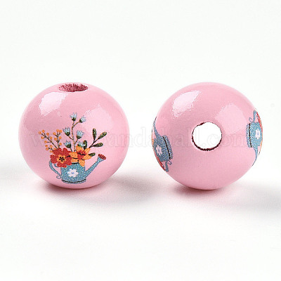 イースターテーマのプリントウッドビーズ  ラウンド  ピンク  14.5~15x15.5~16.5mm  穴：4~4.5mm&nbsp;WOOD-T032-22S-1