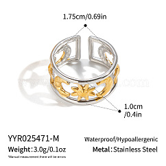 304 Stainless Steel Hollow Wide Cuff Open Rings for Women, Moon Sun, Ion Plating(IP), Real Gold Plated & Stainless Steel Color, 10mm, US Size 7 1/4(17.5mm)