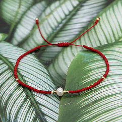 Adjustable Glass Seed Bead Braided Bead Bracelets for Women, with Natural Freshwater Pearls & Brass, Red, 11.02 inch(28cm)