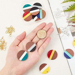 DIYダングルピアス作成キット  樹脂と木製のペンダントを含む  真鍮のピアスフックと丸カン  フラットラウンド  ミックスカラー  ペンダント：28x3.5mm  穴：2mm  6色  2個/カラー  12個/箱&nbsp;DIY-OC0005-17