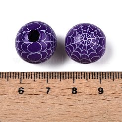 ハロウィン プリント クモの巣 カラー木製ヨーロッパ ビーズ  大穴ビーズ  ラウンド  パープル  16mm  穴：4mm&nbsp;WOOD-K007-04B