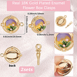 真鍮エナメルボックス留め具2個  花付きフラットラウンド  18KGP本金メッキ  15x20.5x10mm  穴：1.2mm&nbsp;KK-BBC0018-44
