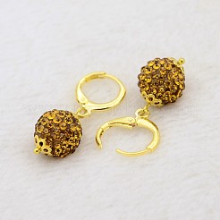 ダングリング丸いボール樹脂のラインストーンのピアス  金メッキ真鍮レバーバックフープピアスセッティング  トパーズ  30mm  ピン：1mm&nbsp;LS-EJEW-J080-17G
