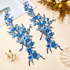 ポリエステル刺繍アイロンパッチアップリケ2個  チャイナドレスの飾りアクセサリー  ドレス  玉蘭の花  ブルー  420x160x1.2mm&nbsp;DIY-GF0013-85C