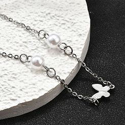 304ステンレススチール製バタフライリンクブレスレット  女性用アズキチェーンジュエリー  プラスチック製の模造パールビーズ付き  ステンレス鋼色  7-5/8インチ（19.5cm）&nbsp;BJEW-C098-01C-P