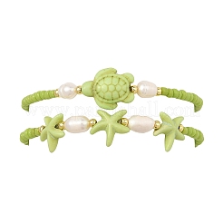 Summer Dyed Synthetic Turquoise & Natural Pearl & Seed Bead Stretch Beaded Anklets&nbsp;BJEW-JB14394