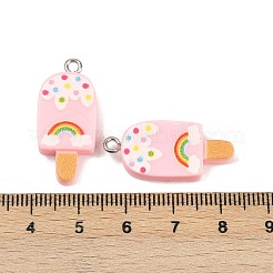 プリントオペークレジンペンダント  模造食品  プラチナトーンの鉄ループ付き  アイスクリームのチャーム  虹の模様  ピンク  28.5x12.5x5mm  穴：2mm&nbsp;RESI-T055-01D