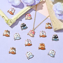 30本6色ラックメッキ合金エナメルペンダント  ゴールドカラー  魚のチャームを持つ猫  ミックスカラー  18x18x3mm  穴：2mm  5個/カラー&nbsp;FIND-CJ0002-66