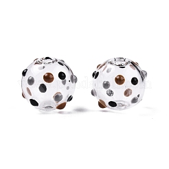 透明なガラスエナメルビーズ  手描きのビーズ  スポット模様で丸く  サドルブラウン  13.5~15x14mm  穴：2~2.5mm&nbsp;GLAA-G084-01A