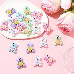 不透明樹脂ペンダント30個  プラチナトーンの鉄ループ付き  花のチャームを付けたクマ  ミックスカラー  30x21.5x10mm  穴：2mm&nbsp;RESI-YW0005-27