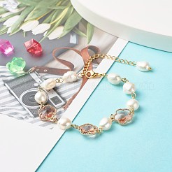 女の子の女性のための梅の花の花のガラスのリンクブレスレット  ナチュラルパールビーズブレスレット  ゴールドカラー  ミスティローズ  7-1/8インチ（18cm）&nbsp;X1-BJEW-TA00017-03