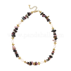 Natural Multicolor Tourmaline Chip & Rice Natural Cultured Freshwater Pearl Beaded Necklaces for Men Women&nbsp;NJEW-JN06085